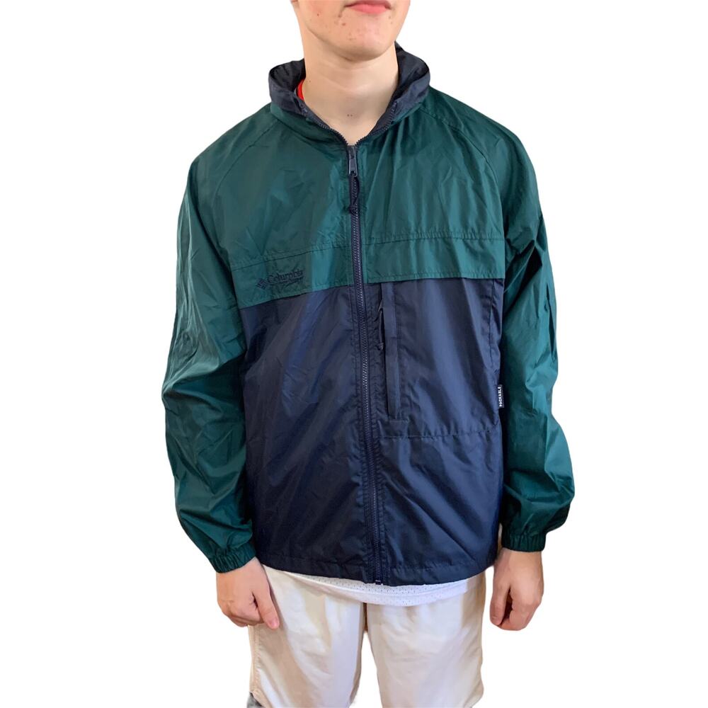Columbia Color Block Windbreaker Jacket Green & Navy Blue M